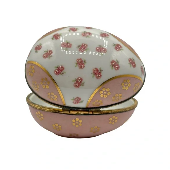 X Large Limoges France Hand Painted Rose Flower Egg Porcelain Pill Trinket Box